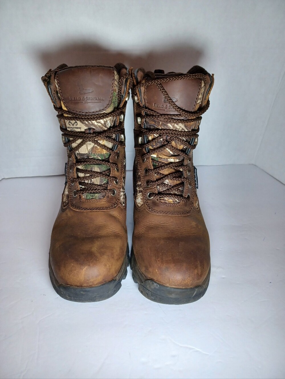 Field & Stream Brown Leather Size 5.5 Hunting Boots with Camouflage Panels